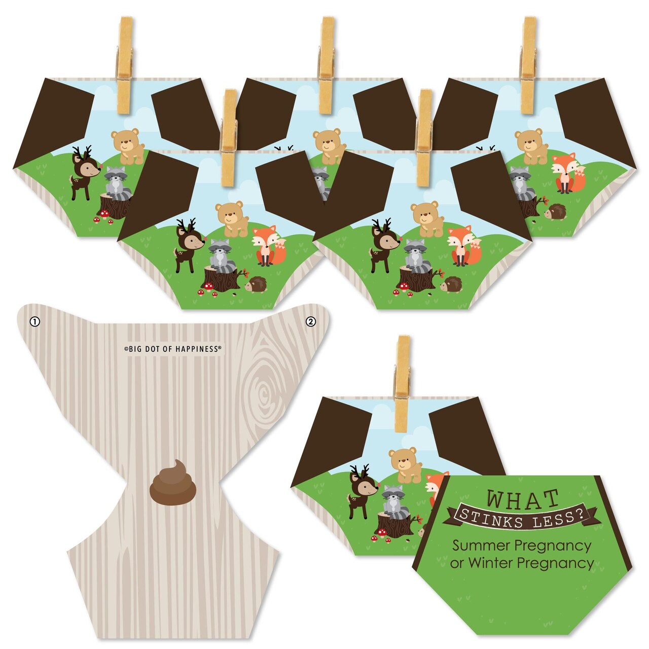 Big Dot of Happiness Woodland Creatures - Baby Shower Conversation Starter - 2-in-1 Dirty Diaper Game - Set of 24